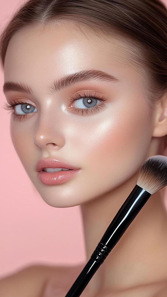 portrait of a beautiful young woman with flawless makeup, showcasing her glowing skin, soft features, and elegant style. The image photo
