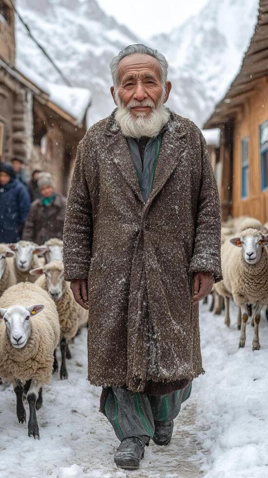 An elderly man with a long white beard walks through a snowy mountain village, leading a flock of sheep. The scene is serene and p photo
