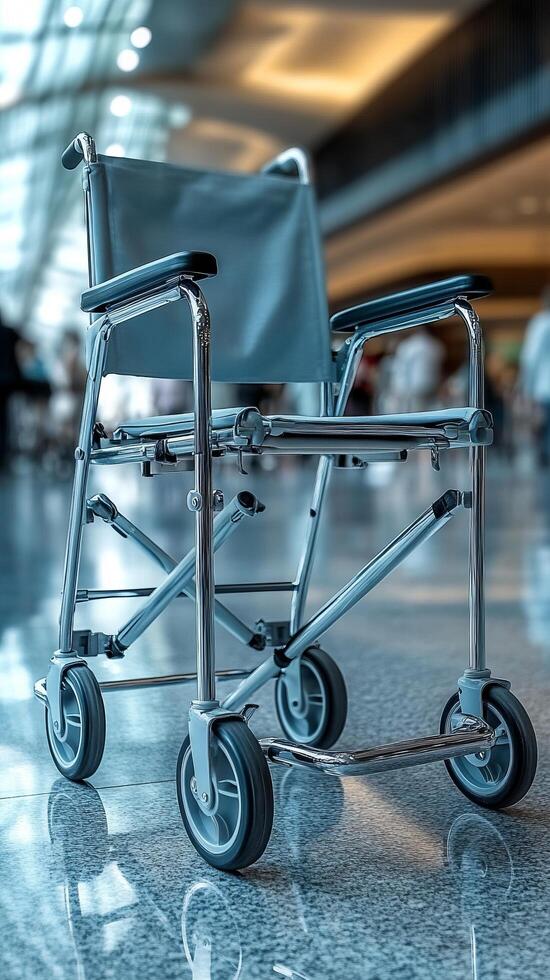 A View of a Sleek, Modern Wheelchair, Ideal for Airports and Hospitals. This Portable and Reliable Mobility Aid Offers Comfort an photo