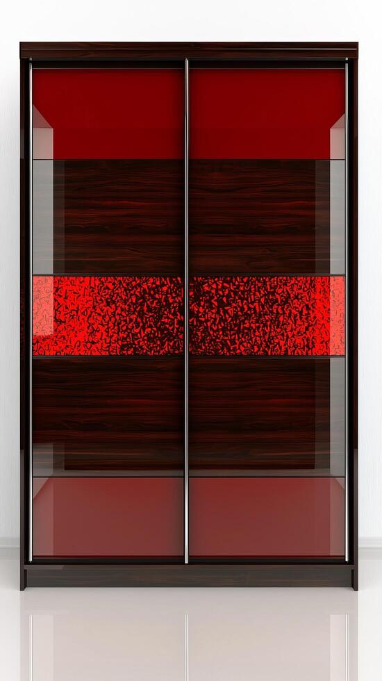 Sleek Modern Sliding Wardrobe with Red and Dark Wood Accents Contemporary Interior Design, Stylish Bedroom Furniture, Elegant Home photo