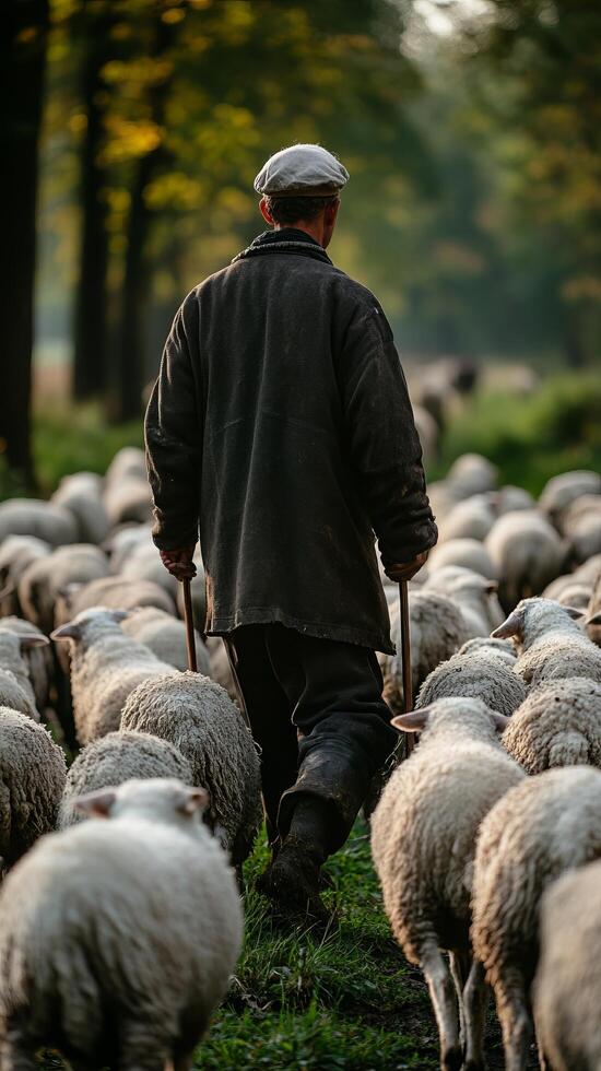 A lone shepherd guides his flock of sheep through an idyllic autumn countryside. The serene landscape, bathed in the golden hour l photo
