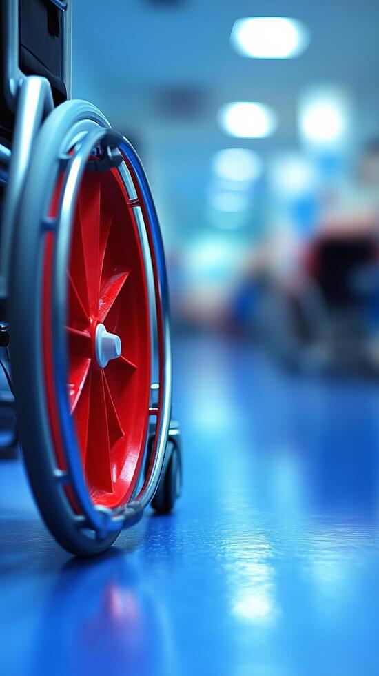 A Red Wheel of a Wheelchair Reflecting on a Polished Blue Floor A Symbol of Accessibility, Healthcare, and the Journey Toward Inde photo