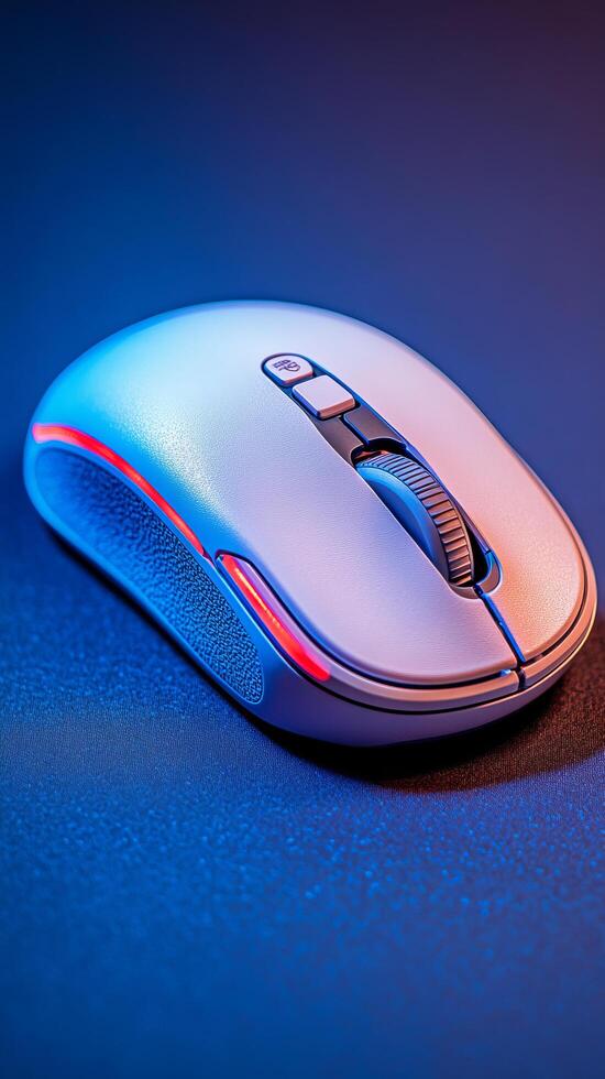 view of a sleek, modern computer mouse with vibrant neon lighting, showcasing its ergonomic design and advanced technology. Ideal photo