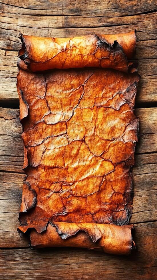 Ancient Scroll on Wooden Background Awe Inspiring Texture and History. This image showcases a weathered, burnt, and aged scroll r photo