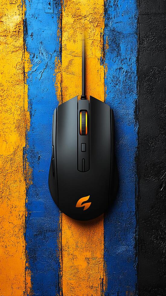 A Black and Orange Gaming Mouse on a Vibrant Blue and Yellow Painted Wall Background. This high resolution image showcases the sle photo