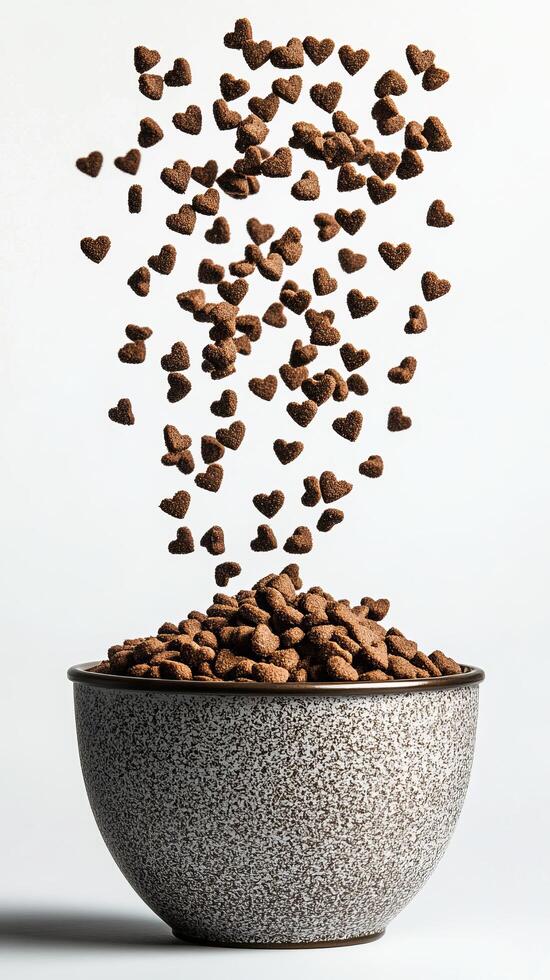 Heart Shaped Pet Food Falling into a Bowl A Delightful Image of Kibble Treats for Pets. High quality pet food, nutritious and deli photo