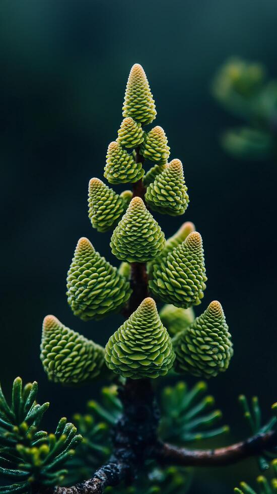 View of Vibrant Green Pine Cones on Branch Detailed Texture and Natural Beauty of Coniferous Tree in Summer Forest. Nature Photogr photo