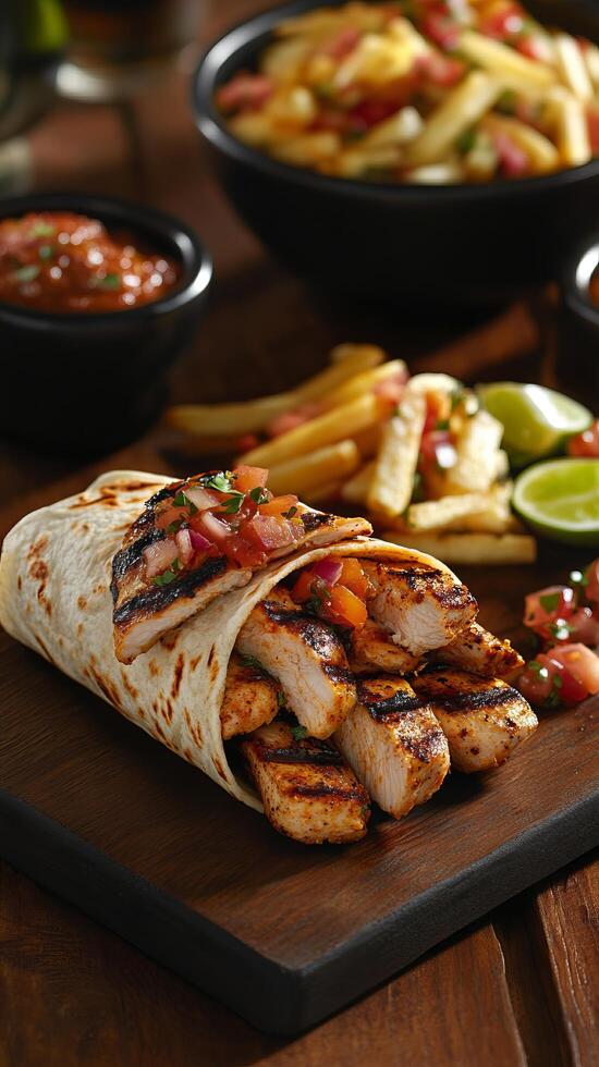 Savor the Flavor Grilled Chicken Fajita Wrap with Zesty Salsa and Crispy Fries. A Culinary Delight That Will tantalize Your Taste photo