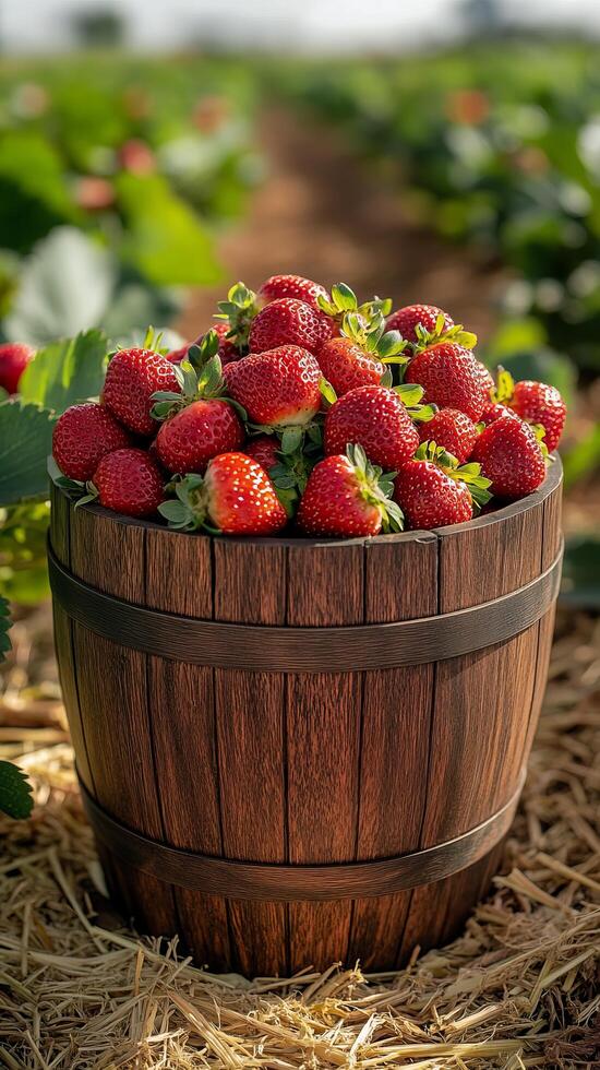 A rustic wooden barrel brimming with freshly picked strawberries, bathed in sunlight. This vibrant image captures the essence of s photo