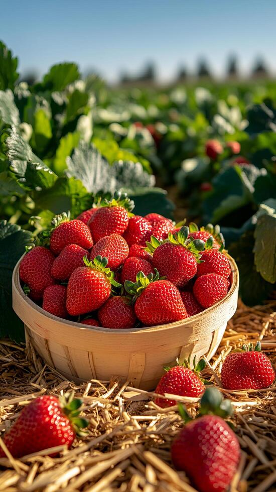 A delightful view of freshly picked strawberries in a rustic basket, sitting amidst the vibrant green foliage of a strawberry fiel photo