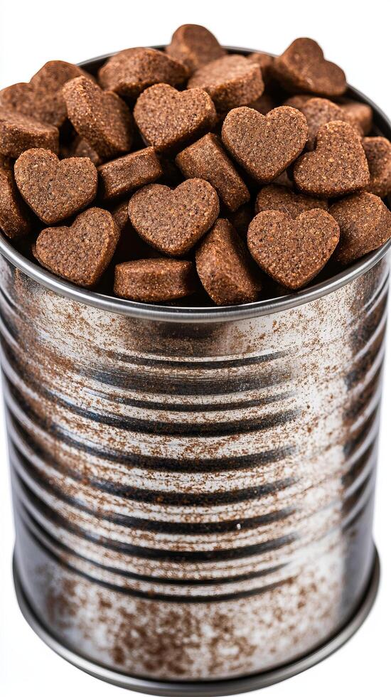 A rustic metal can brimming with heart shaped pet treats. These delicious, wholesome snacks are perfect for showing your furry fri photo