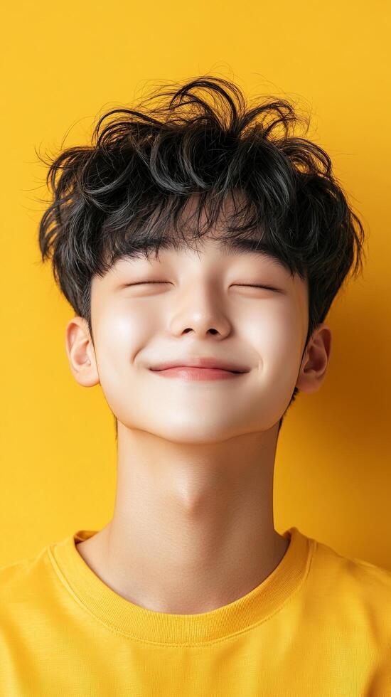 A Captivating Portrait of a Serene Young Man An Image Evoking Peace, Happiness, and Youthful Joy. The models gentle smile and calm photo
