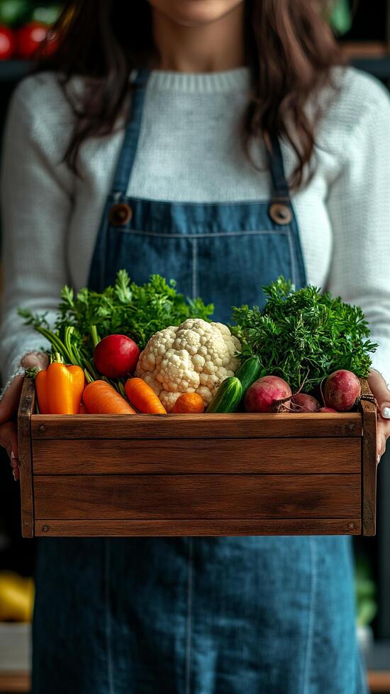 A woman in an apron presents a wooden crate filled with an assortment of fresh, colorful vegetables, including carrots, cauliflowe photo