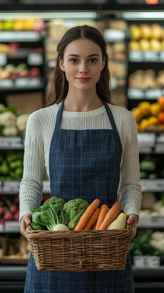 Portrait of a smiling young woman, a grocer, holding a basket full of fresh, organic vegetables at a local market. The image depic photo