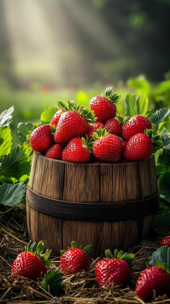 Luscious Red Strawberries in Rustic Wooden Barrel A Summer Harvest Delight. Fresh, juicy, and ripe strawberries brimming with fla photo