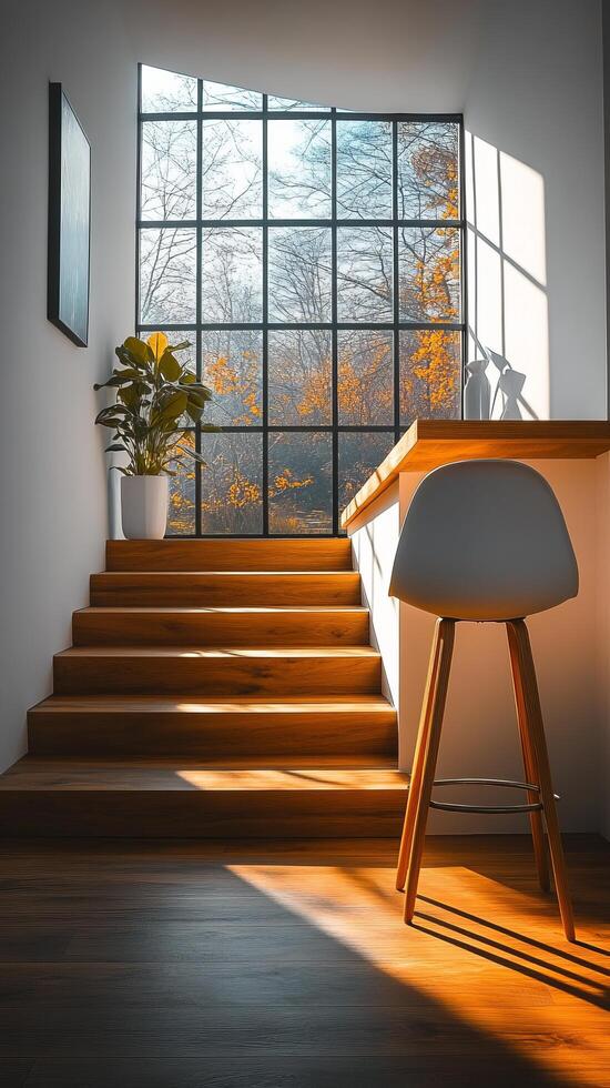 Sunlit Modern Home Staircase Interior Design Wooden Steps, Large Window, Autumn View. A picture of minimalist architecture, showc photo