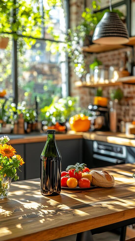 Sunlit Kitchen Table A Rustic Still Life of Fresh Tomatoes, Crusty Bread, and a Bottle of Oil. The scene is bathed in warm, inviti photo