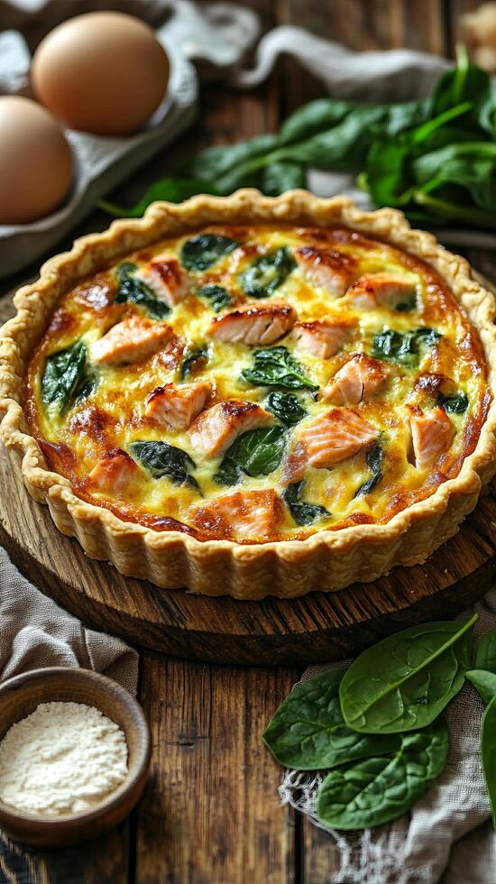 Salmon and Spinach Quiche Recipe A Flaky Crust Filled with Creamy Salmon, Spinach, and a hint of Cheese. Perfect for a delicious l photo