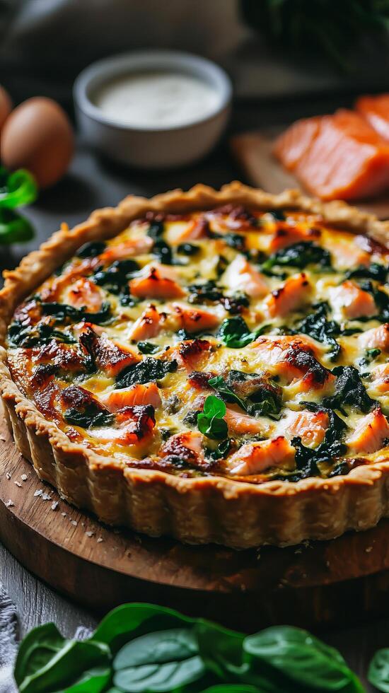 Salmon and Spinach Quiche Recipe A Flaky Crust Tart with Creamy Filling, Perfect for Dinner or Lunch. This gourmet dish is a delic photo