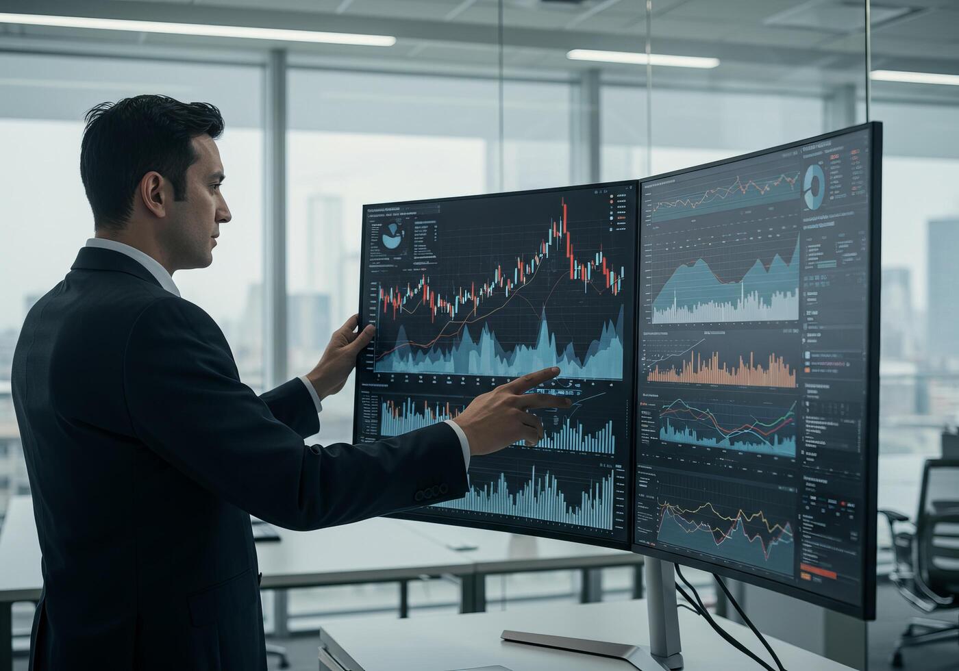 A man in a suit is looking at a large screen with graphs photo