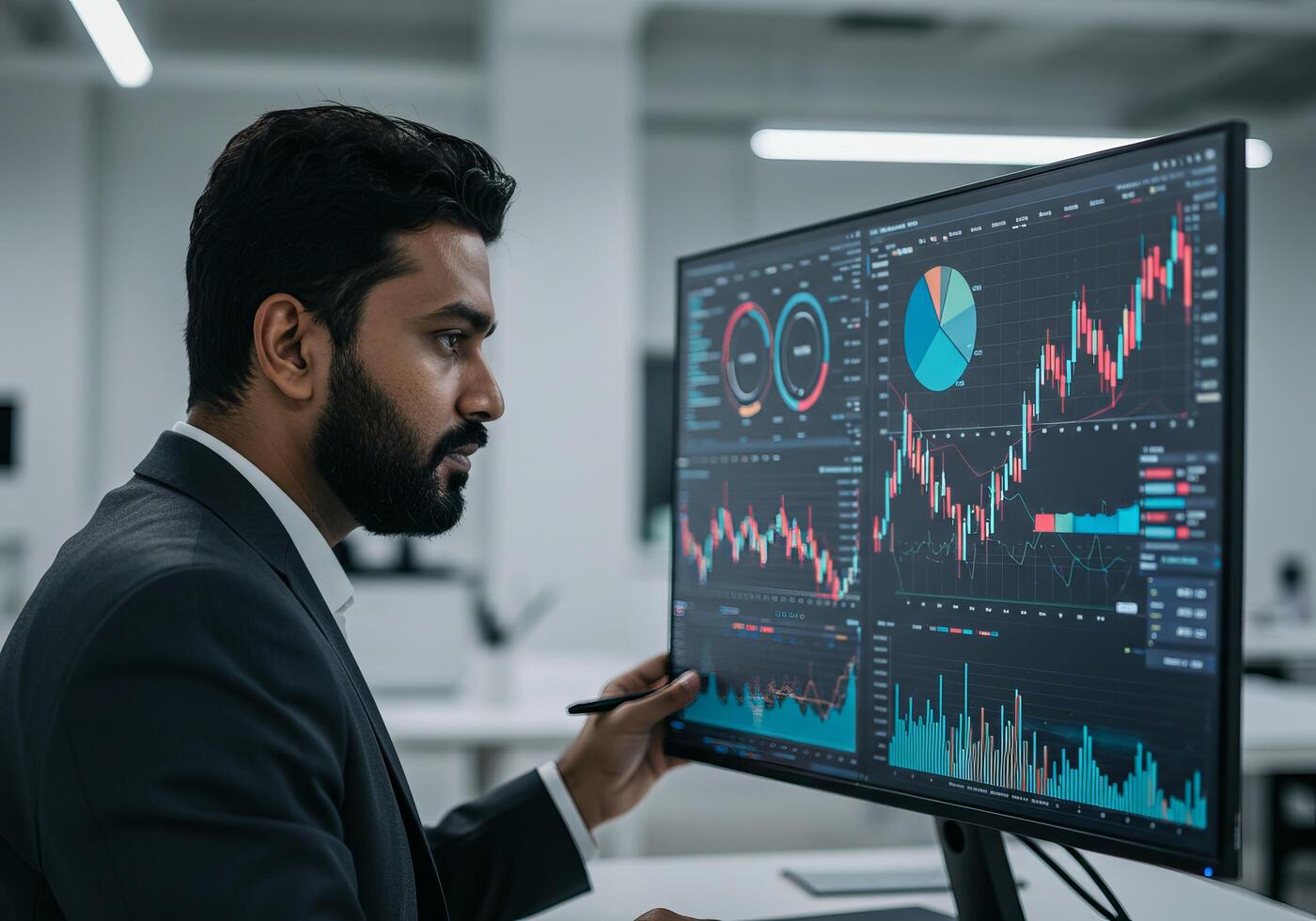 A man in a suit is looking at a computer screen with graphs on it photo