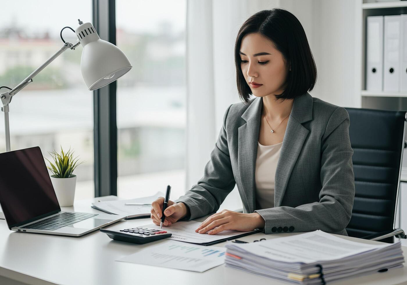 A woman in a business suit is writing on a piece of paper photo