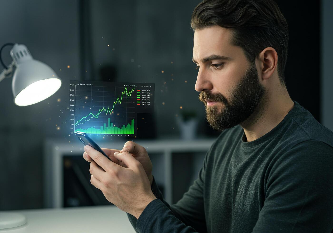 A man is using a smartphone to look at a stock chart photo