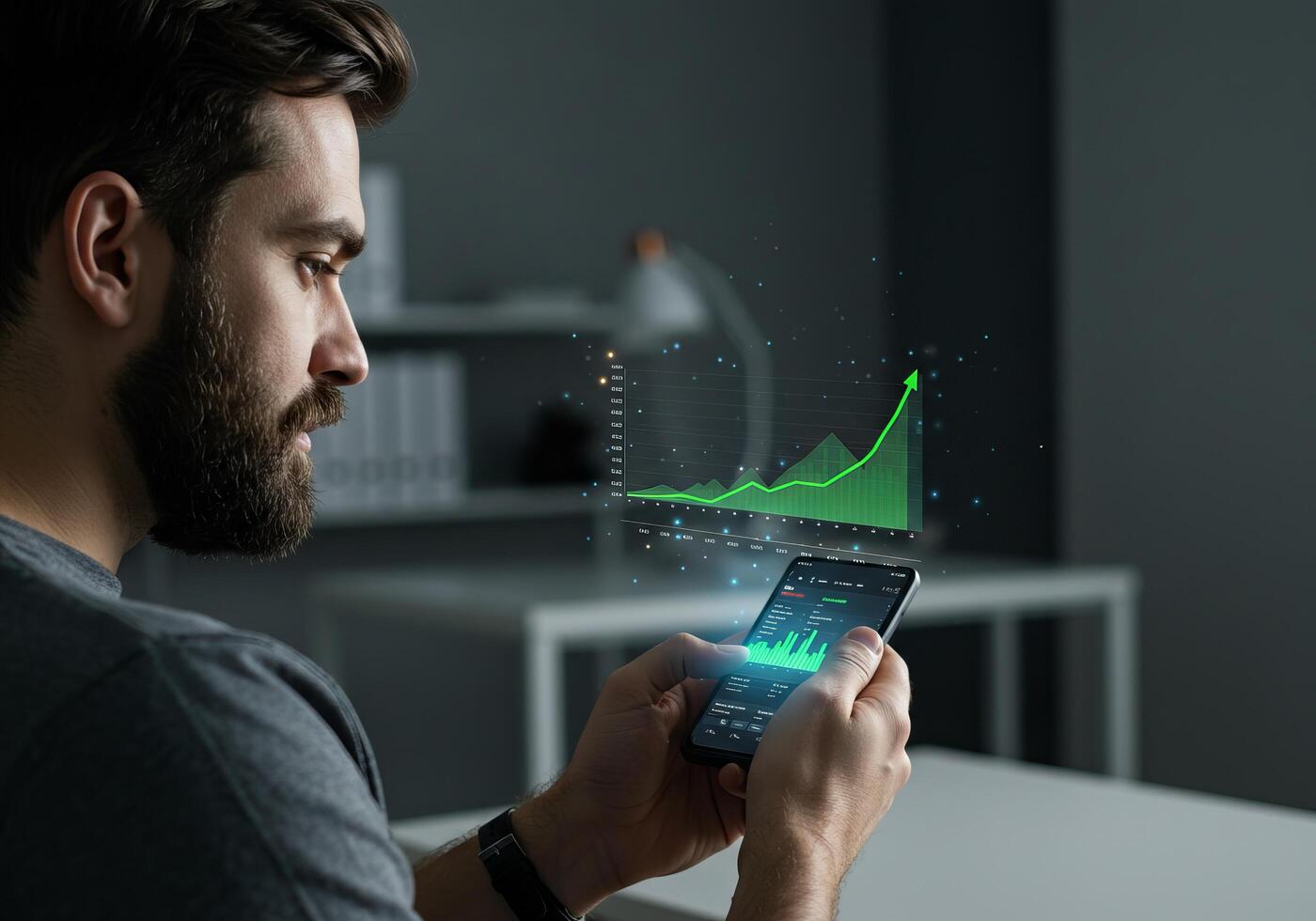 A man is using a smart phone with a graph on it photo