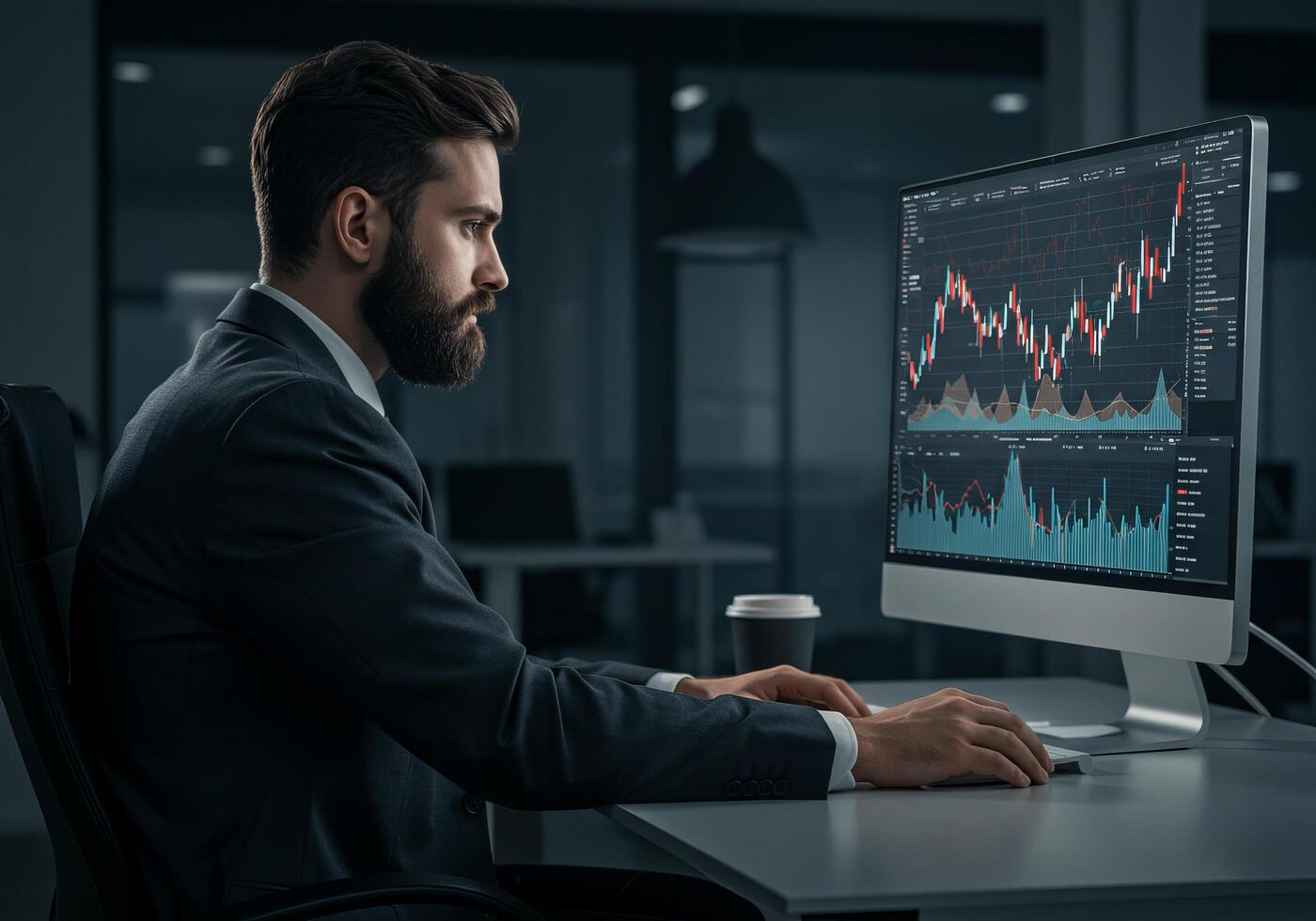 A man in a suit is sitting at a desk with a computer screen showing stock market graphs photo