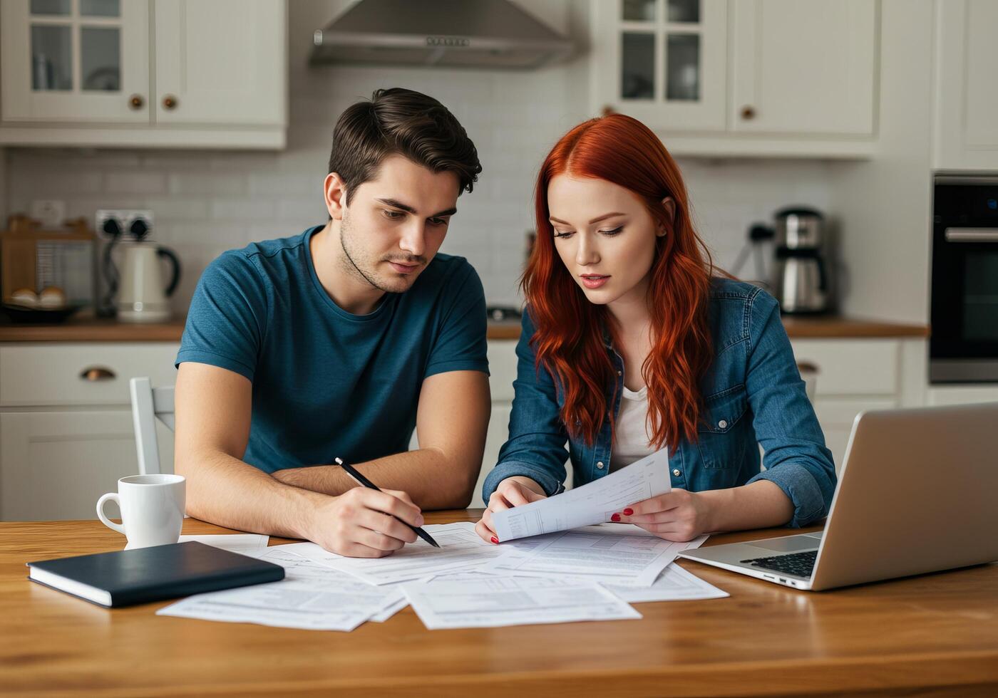 Couple doing paperwork in kitchen photo
