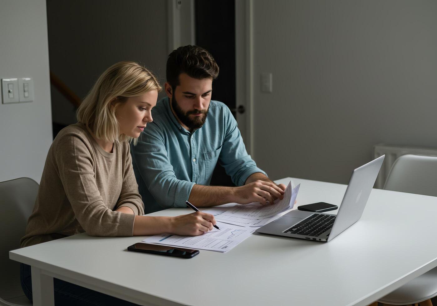 A man and woman sitting at a table with a laptop photo