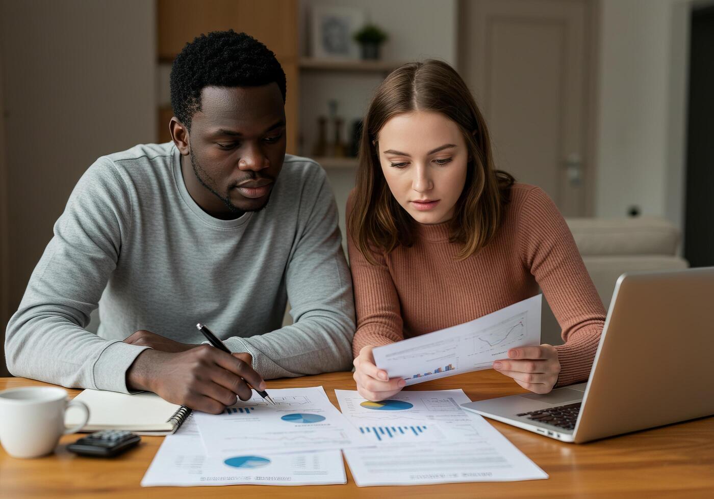 Couple looking at financial documents at home photo