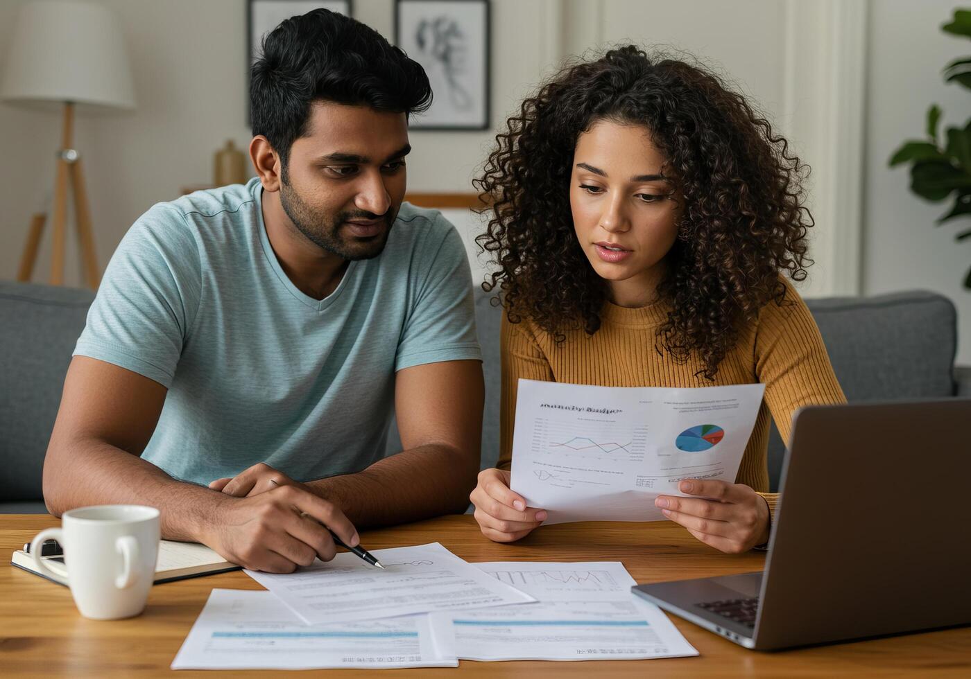 Couple looking at documents on laptop photo