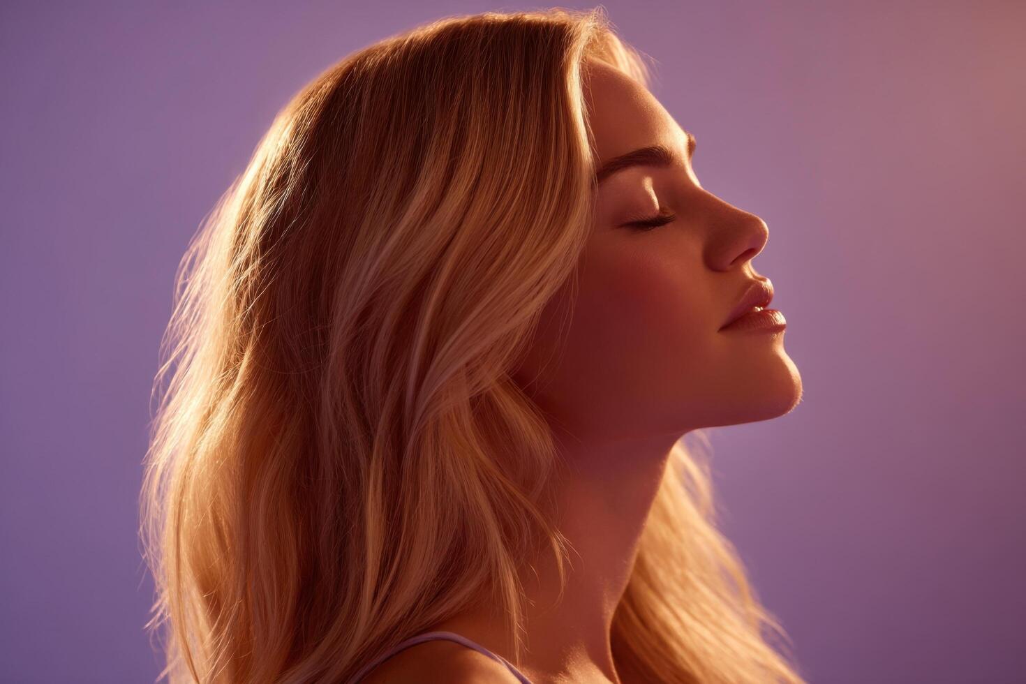 Serene Blonde Woman Profile A Study in Light and Shadow. Peaceful, elegant, and sensual, this portrait captures a moment of tranqu photo