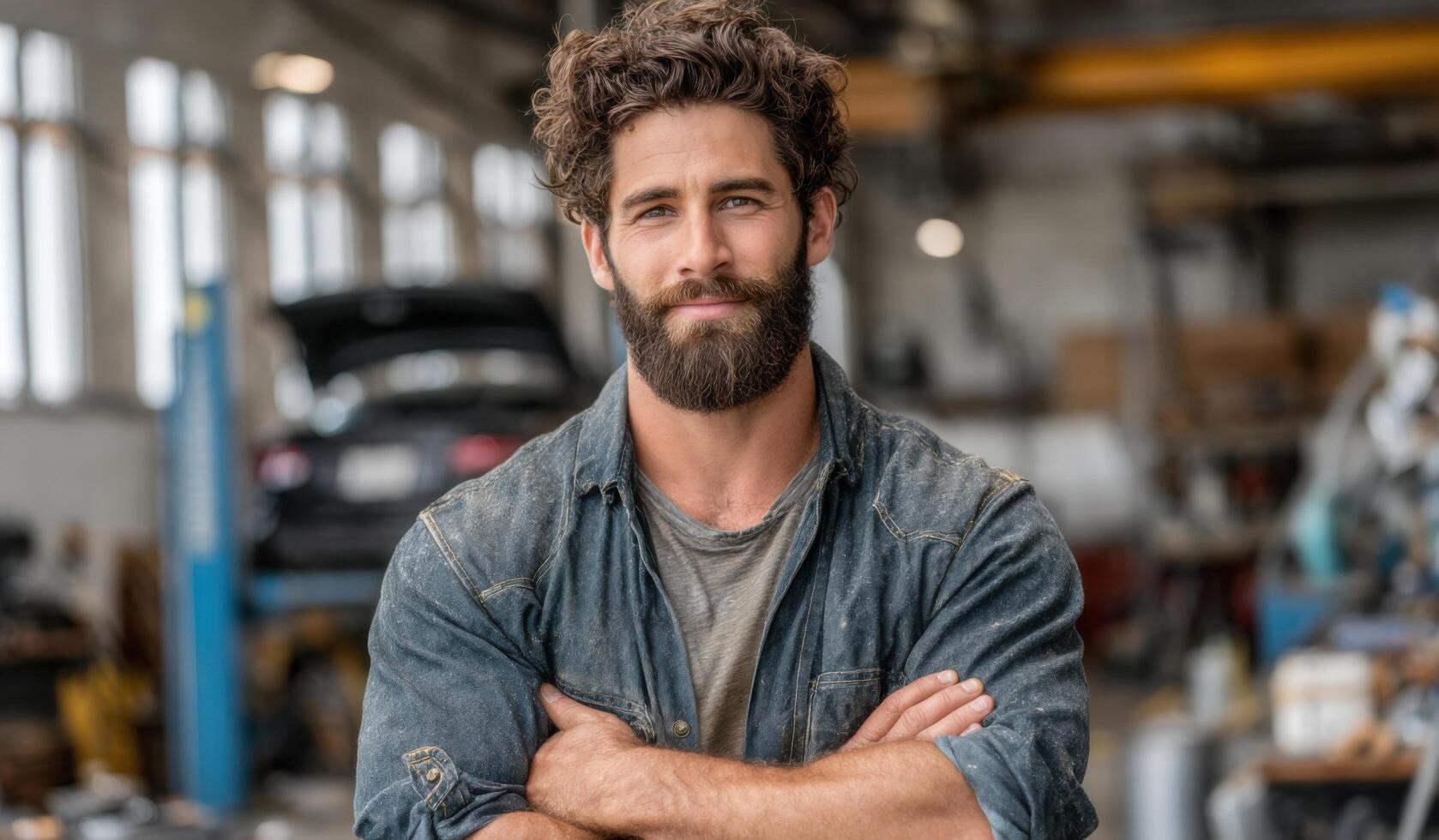 Portrait of a Confident Male Mechanic in His Workshop. A Professional Auto Repairman with Crossed Arms, Displaying Expertise and S photo