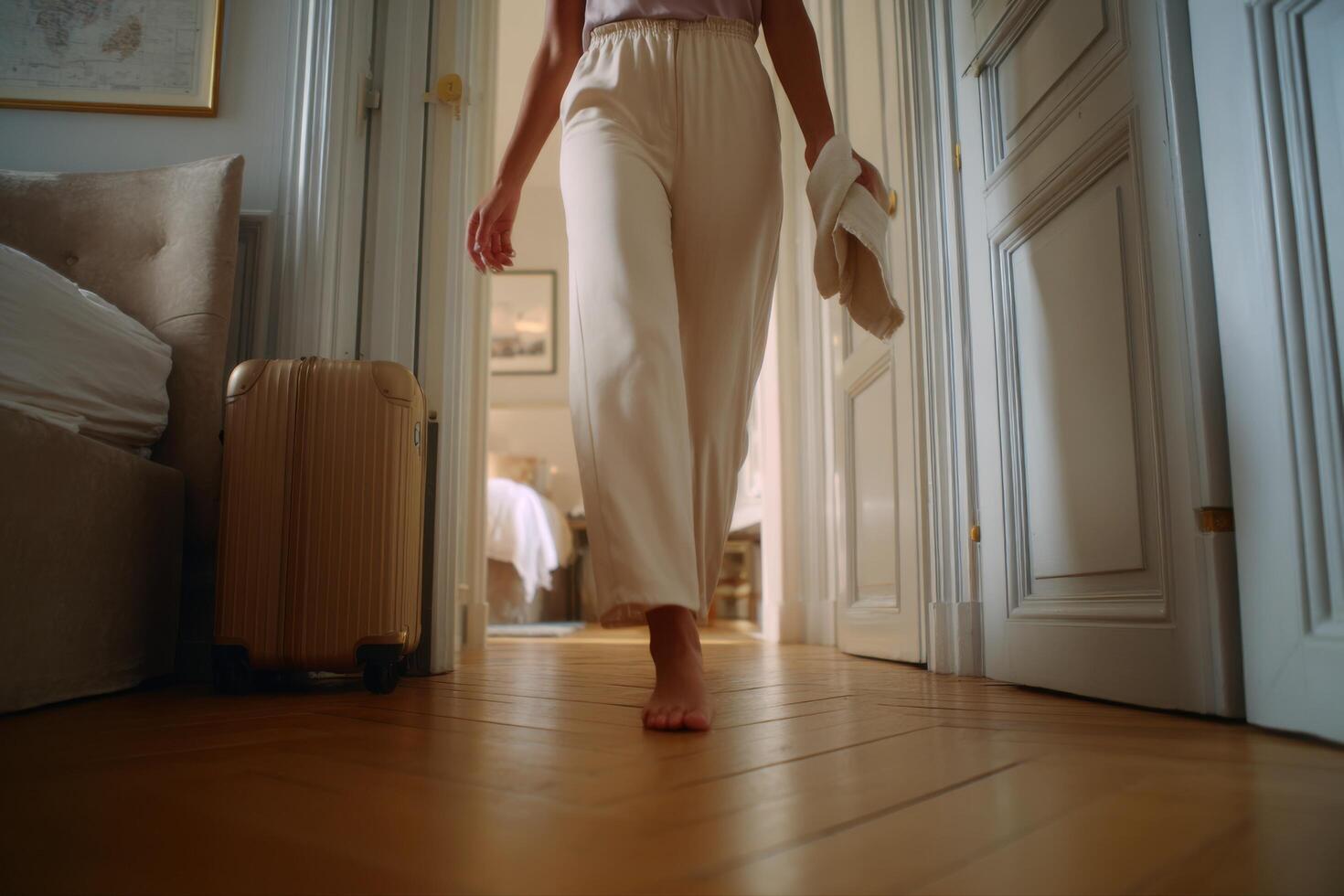 Woman in elegant pants walks barefoot in a luxury hotel room, carrying a suitcase and towel. The calm atmosphere and stylish inter photo