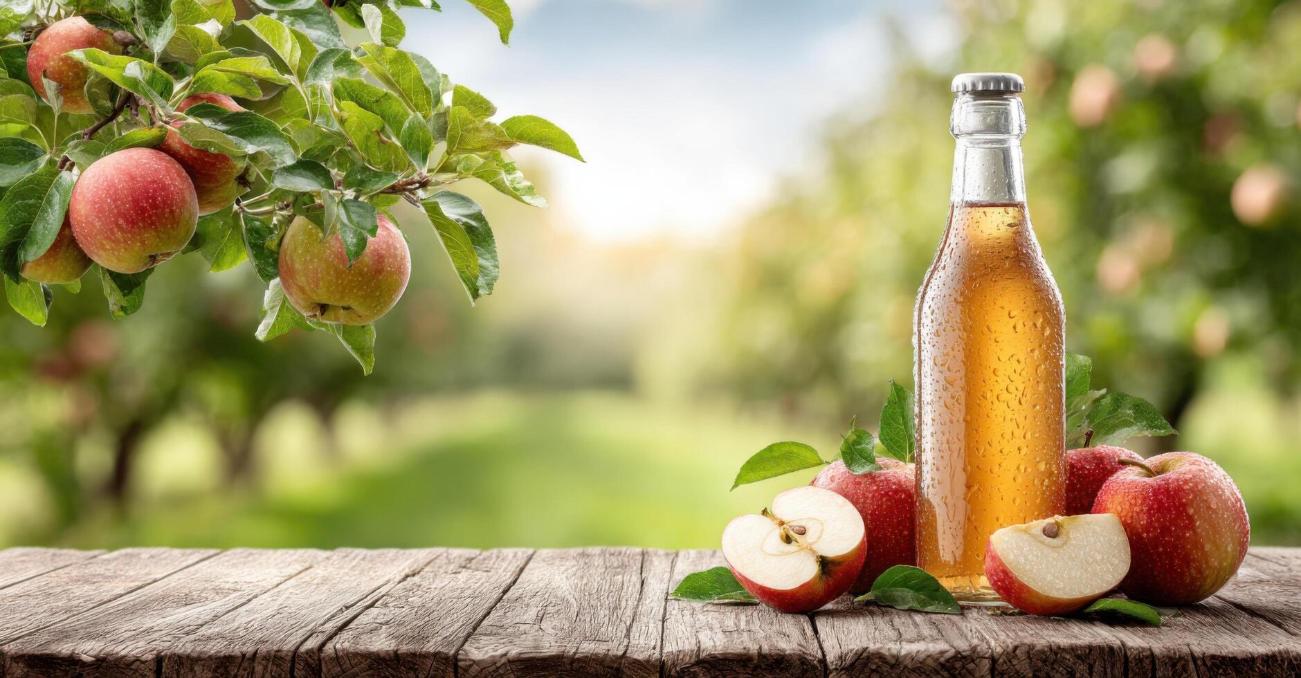 Refreshing Apple Juice Bottle in Orchard Setting A Summer Delight. Enjoy the taste of fresh, crisp apples in a picturesque orchar photo