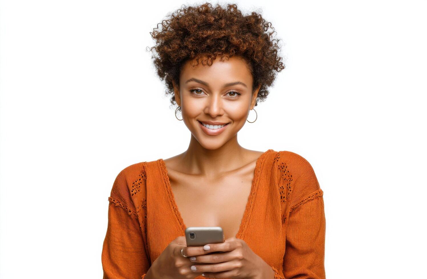 A Stunning Portrait of a Young Woman Smiling While Using Her Smartphone. The Image Captures Her Joyful Expression and Modern Style photo