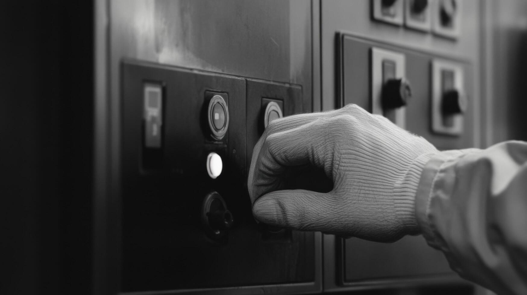 of a hand in glove operating an industrial machine control panel. The monochrome image emphasizes the intricate details of the mac photo
