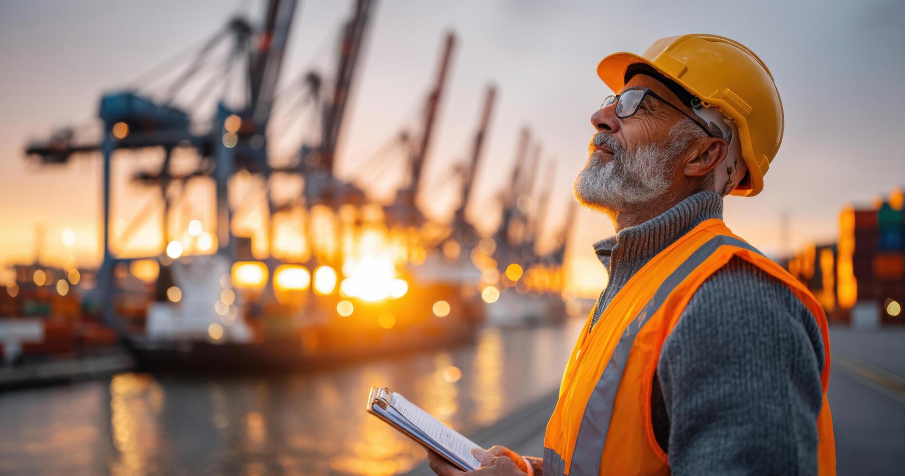 A dockworker looks towards the sunset at a busy port, overseeing the shipping containers and cranes. The scene captures the essenc photo