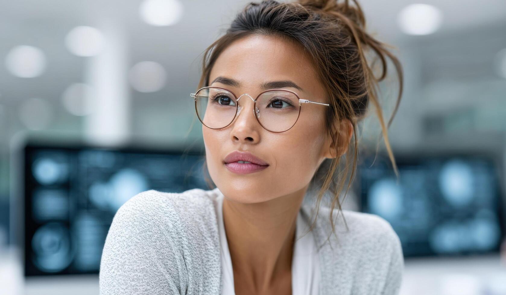 Portrait of a Thoughtful Young Woman in Modern Office Setting. A stylish female model wearing glasses, contemplating ideas. Profe photo