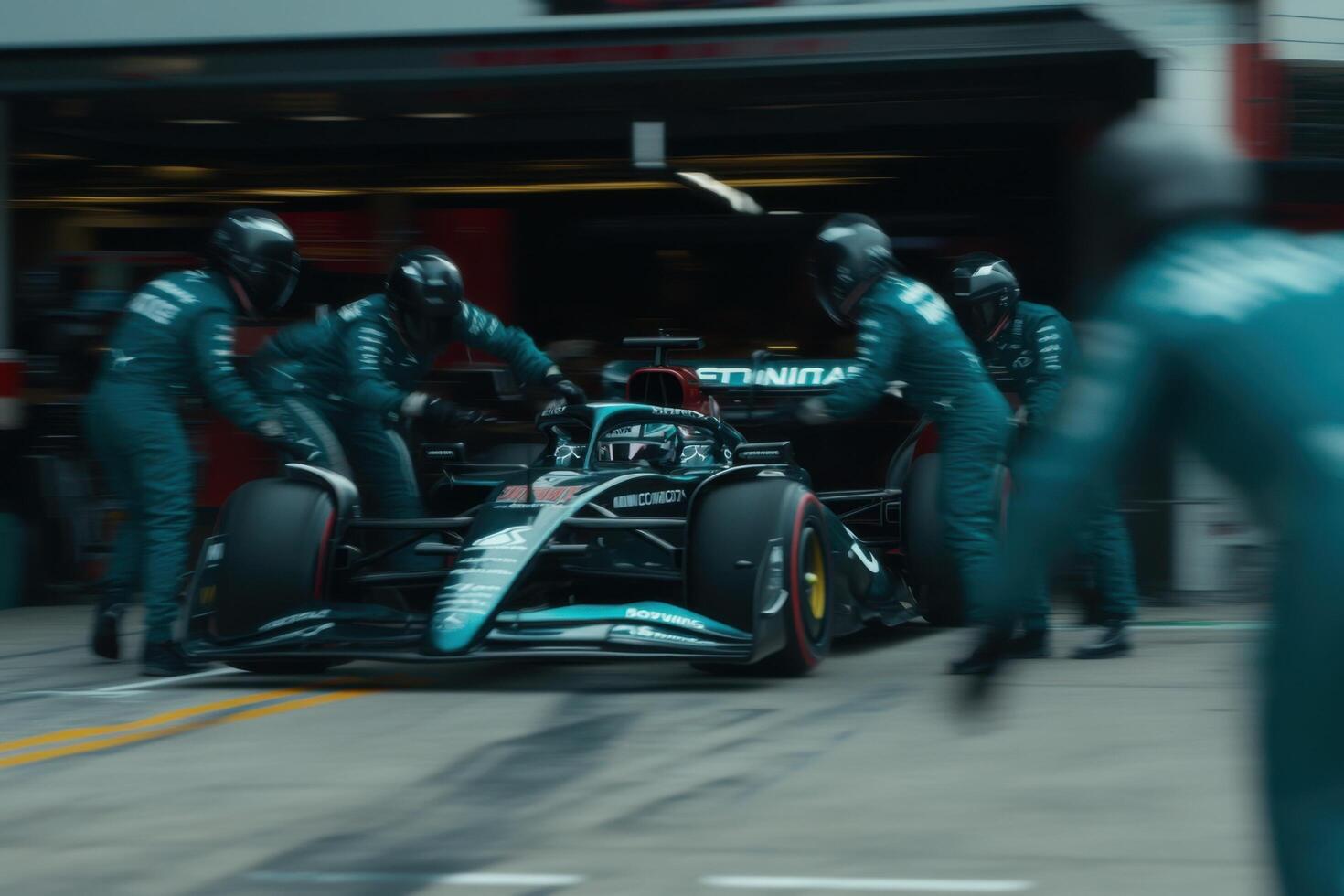 Formula 1 Pit Stop A Thrilling Display of Teamwork and Precision. The intense energy of the race unfolds as the team works in per photo