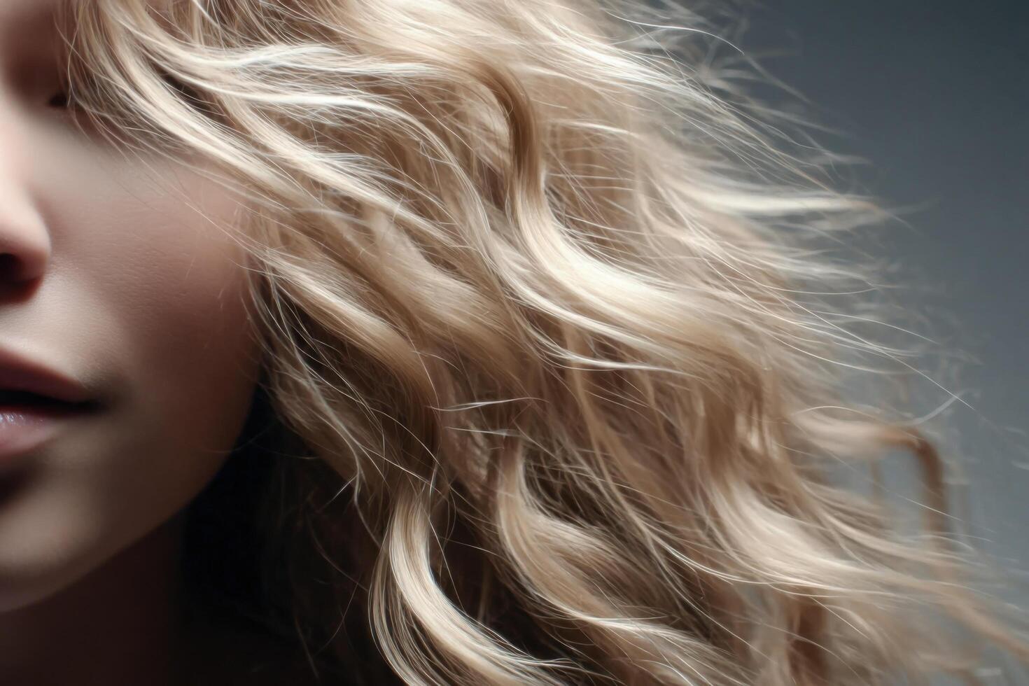 view of a womans face and blonde hair, showcasing its beauty, texture, and style. The image exudes elegance, youth, and a healthy photo