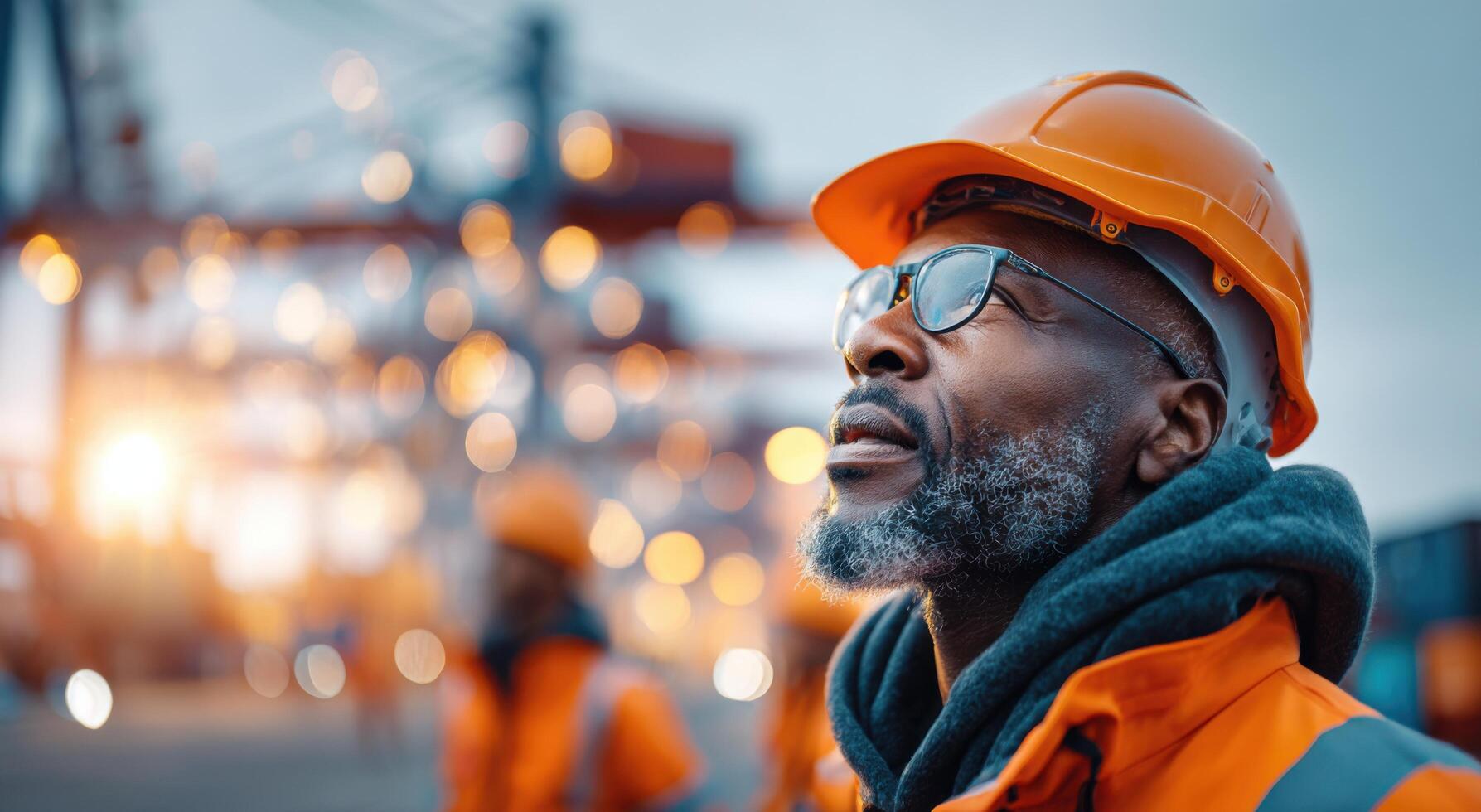 A Contemplative Dockworker A Portrait of Industry and Global Trade. The image depicts a thoughtful worker amidst the bustling act photo