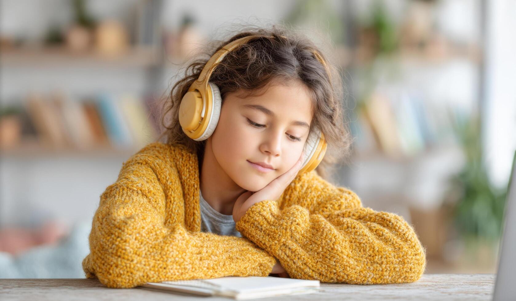 A serene young girl wearing yellow headphones, lost in the tranquil world of music. A heartwarming depiction of peace and happines photo
