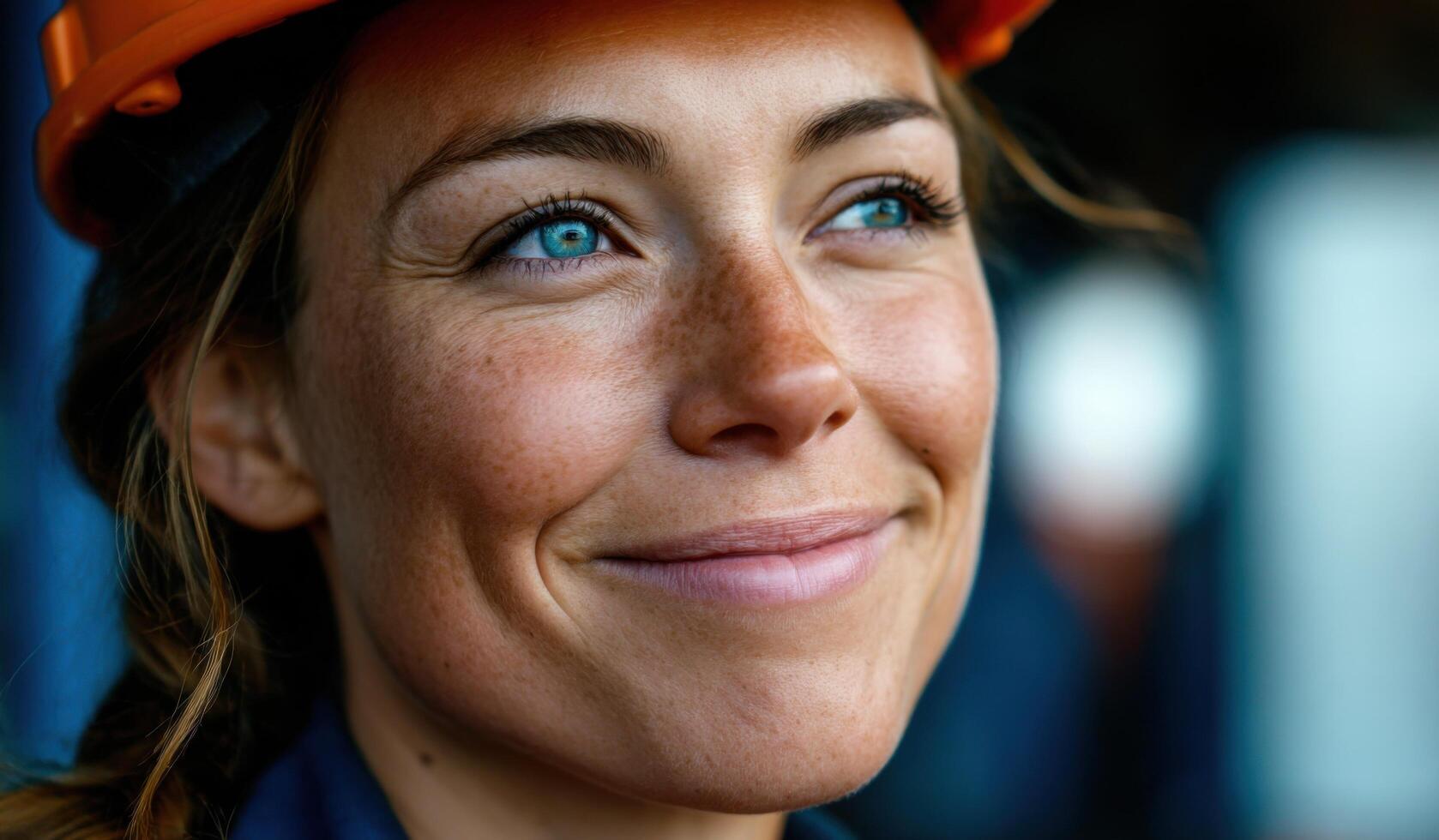 Portrait of a smiling female construction worker, showcasing confidence and success in her industry. A symbol of women in STEM and photo