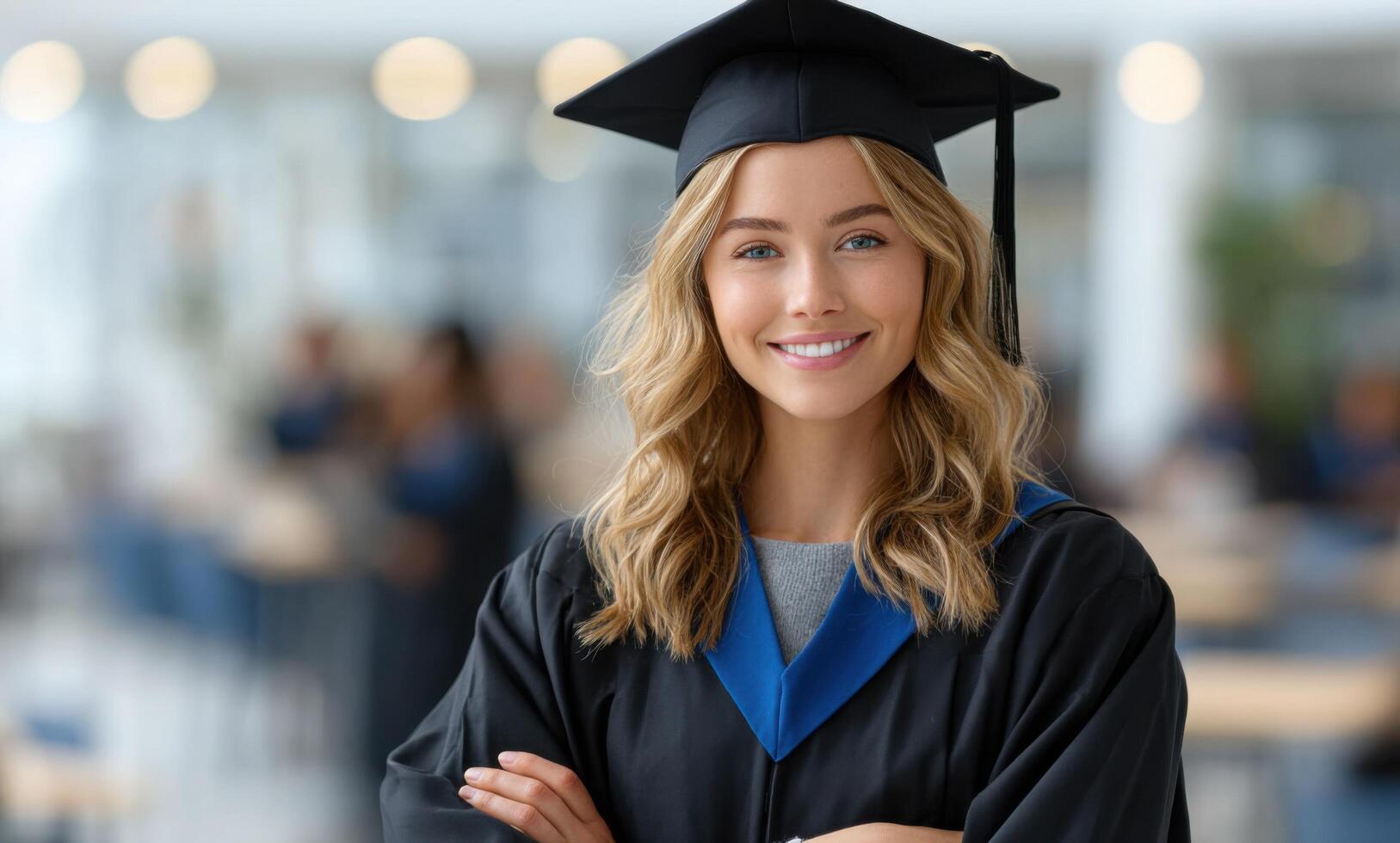 Portrait of a Happy Female Graduate in Cap and Gown, Celebrating Educational Achievement and Success. A symbol of hope, opportuni photo