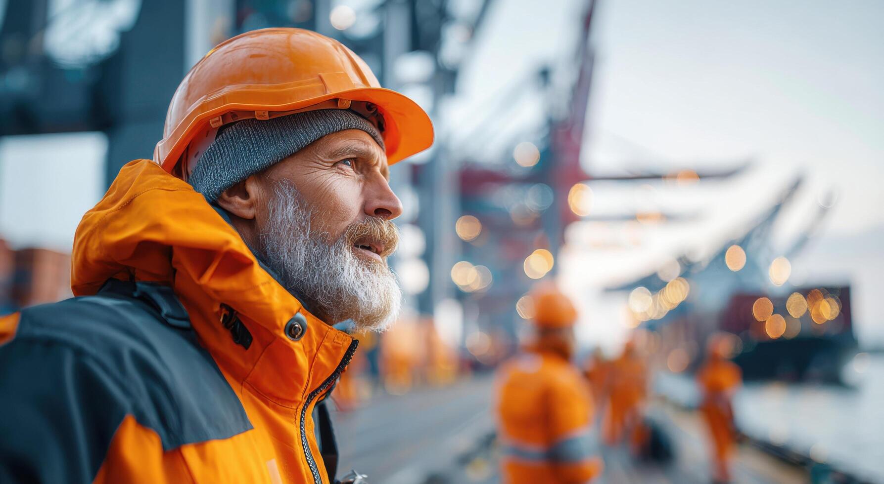 A pensive dockworker gazes out at the bustling port, contemplating the days work and the vastness of the sea. The image captures t photo