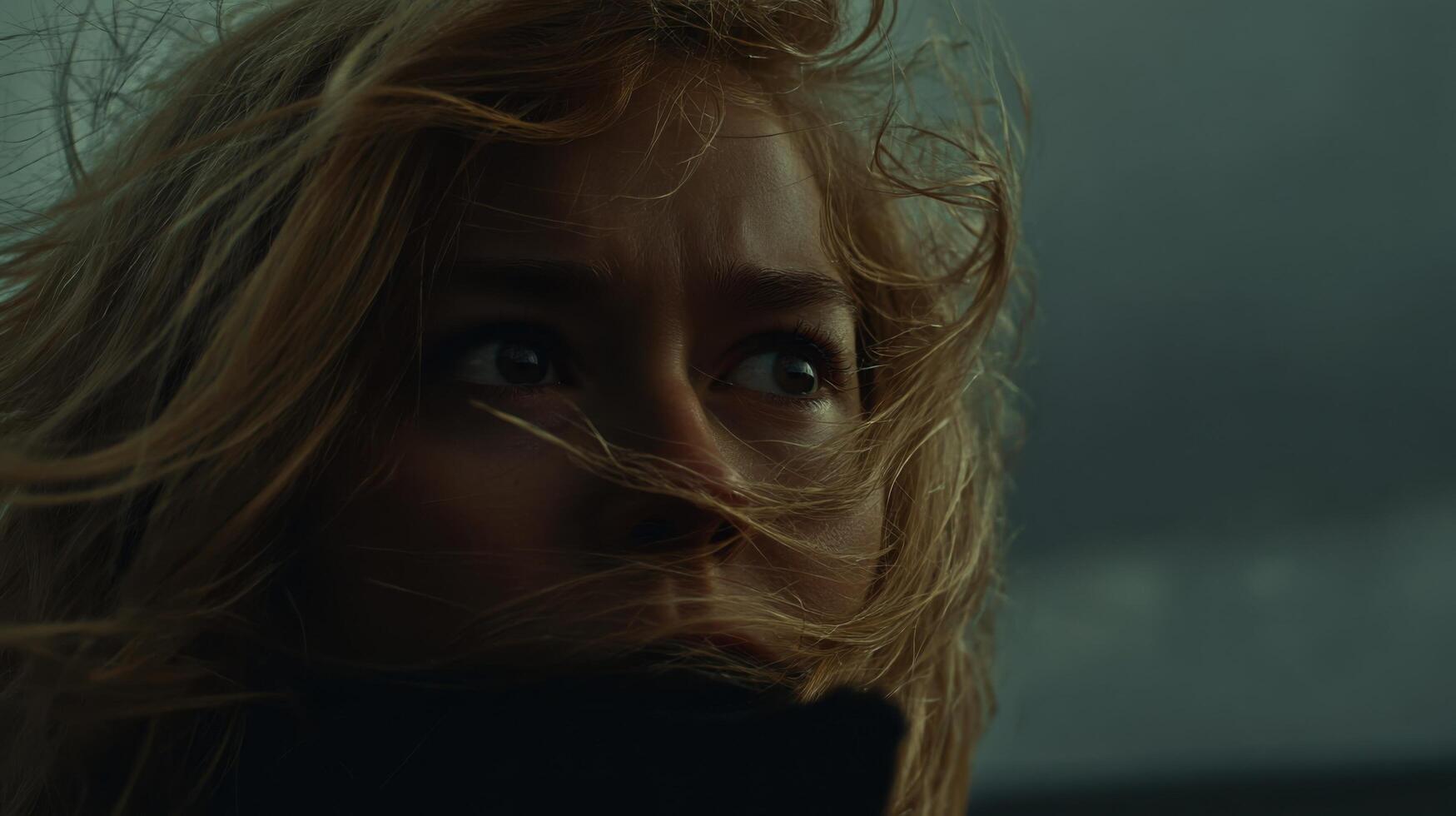 Windswept Beauty A Portrait of a Woman with Blonde Hair. The image captures a captivating look, full of emotion and mystery, in a photo