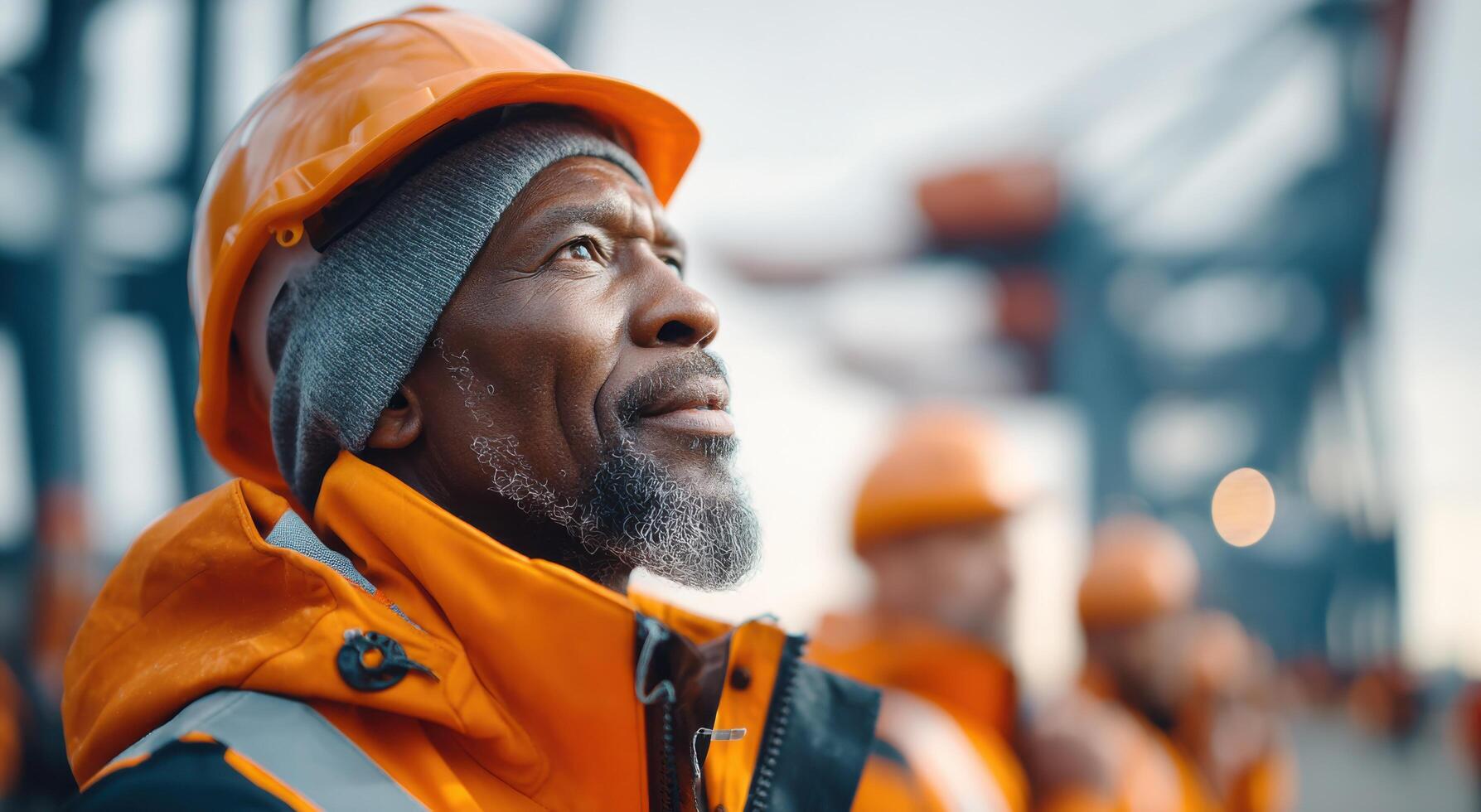 Portrait of a Construction Worker A Pensive Gaze, Hard Hat, and Orange Jacket. The image conveys themes of labor, industry, and de photo